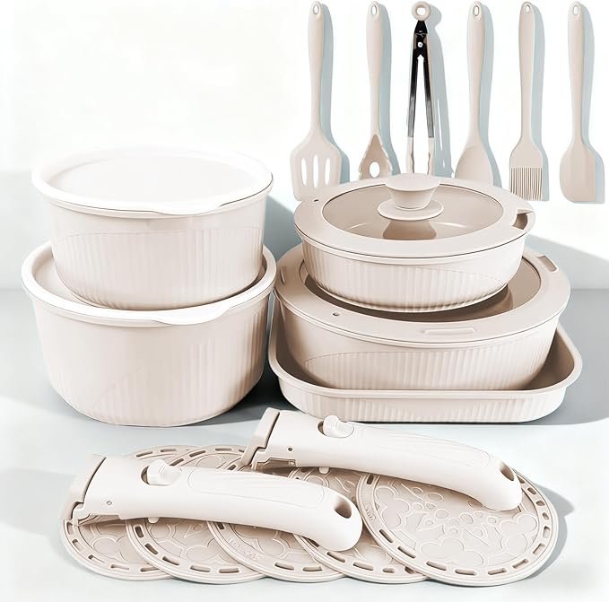 24 Pcs pots and pans set,pots and pans set non stick,Oven-safe and dishwasher-safe,PFAS/PFOA Free,Induction Dishwasher Oven Safe cookware set (White)