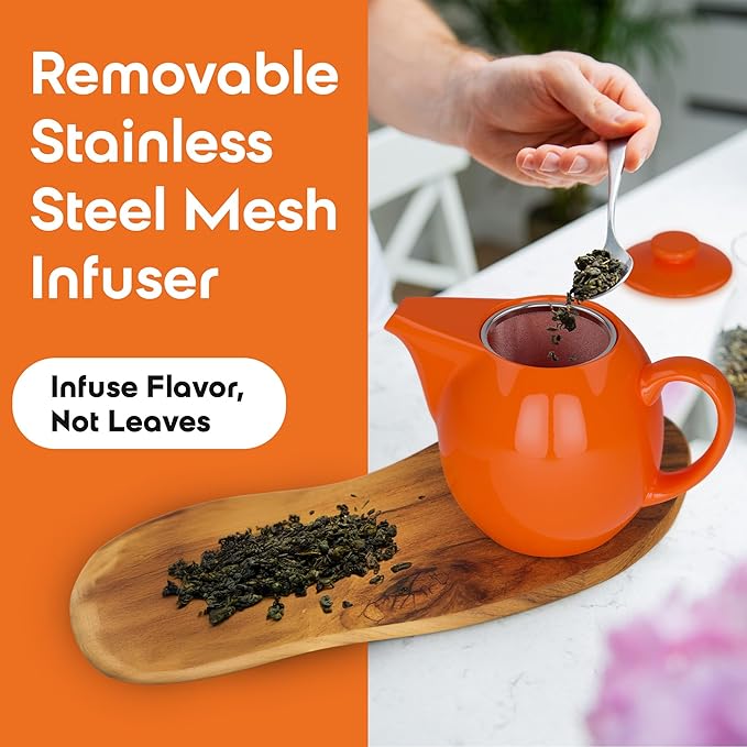 OmniWare 24 Oz Stoneware Teapot with Stainless Steel Mesh Infuser (Orange) - Microwave & Dishwasher Safe, Removable Infuser, Retro-Style Kitchenware Ideal for Loose Tea Brewing