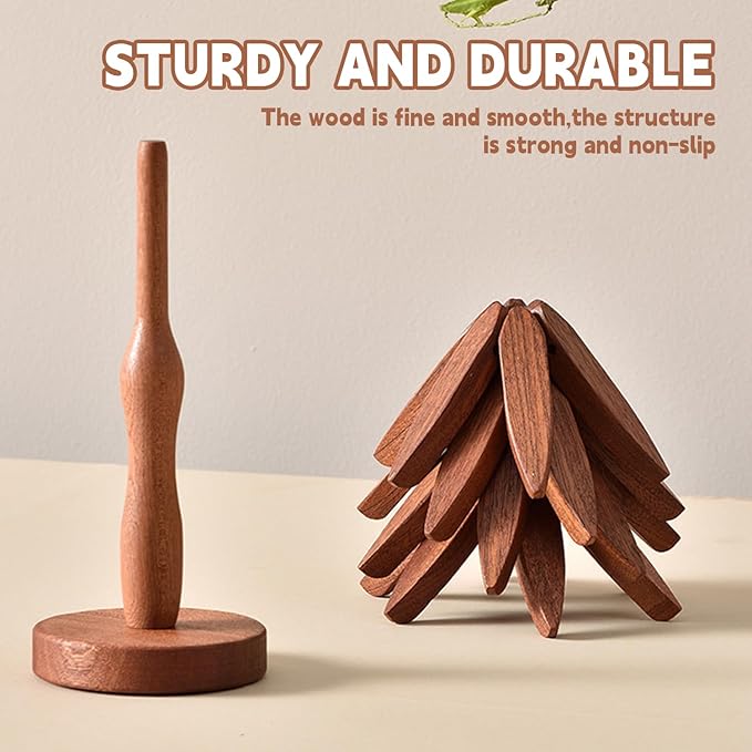 Wooden Trivets for Hot Dishes, Tree Shape Trivet Set, 4 Walnut Wood + 1 Stand stored Like a Christmas Tree,Foldable Kitchen Wooden Trivet,for Hot Dishes、Pot、Bowl、Teapot、Hot Pot Holder(Beech Wood)