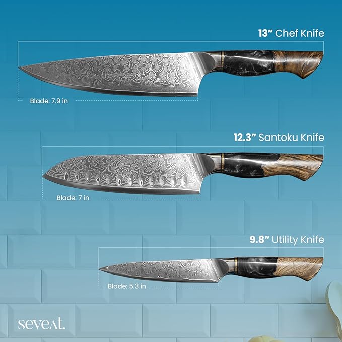 Damascus Kitchen Knife Set, 67-Layer Damascus Steel, 3-Piece Professional Set: 13” Chef, 12.3” Santoku & 9.8” Utility Knife, Ergonomic Wood & Resin Handle, Ideal for Gifting (Black, 3 pieces)