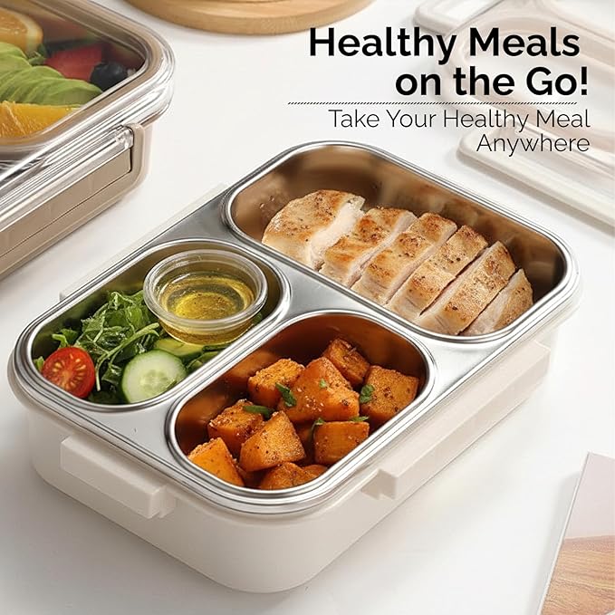 304 Stainless Steel Bento Box for Adults & Kids, 25 Oz Leakproof Metal Lunch Box with 3 Compartments, BPA-Free, Reusable & Dishwasher Safe Food Container for School,Office,Picnic,Travel(Cream)
