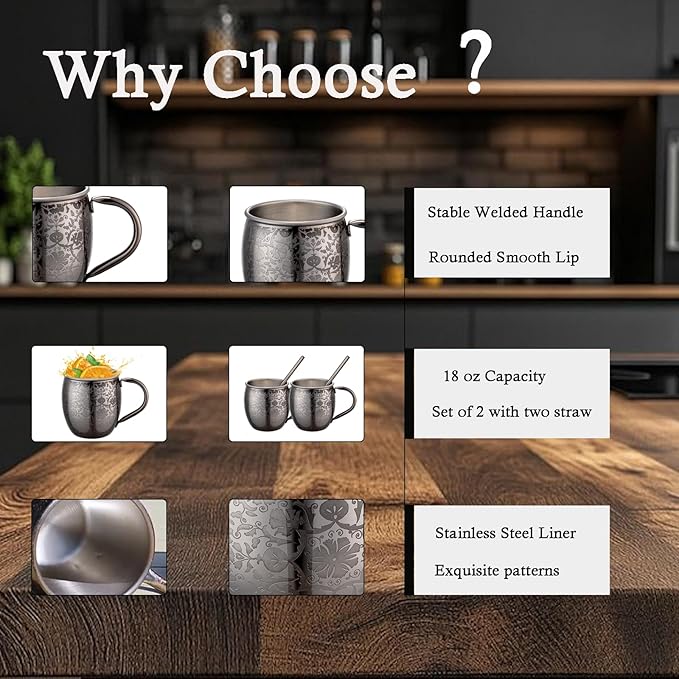Moscow Mule MugsSet of 2-18 Oz Copper-Plated Fine Craftsmanship Etched Mugs,304 Stainless Steel-Lined Mule Cups,For Cold Drinks, Beer, Wine, Bars, Parties