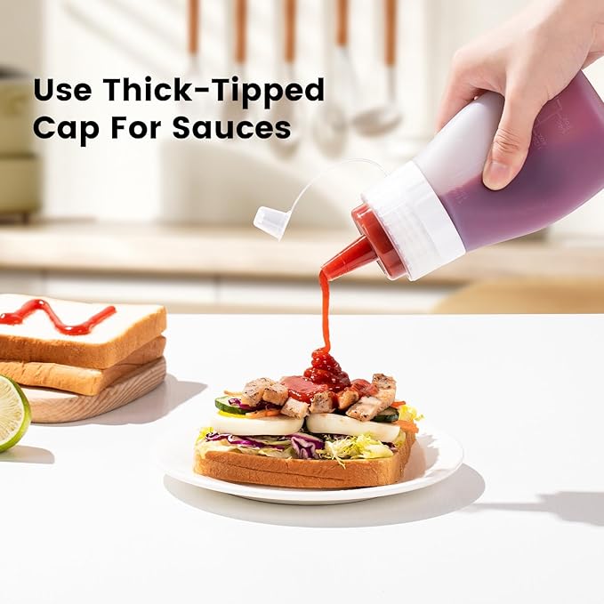 Condiment Squeeze Bottles, 12 oz Silicone Squeeze Bottles For Sauces, Leak Proof Condiment Containers with Extra Interchangeable lid, Easy Squeeze for Oil, Honey & Dressings, BPA FREE (4 Pack)