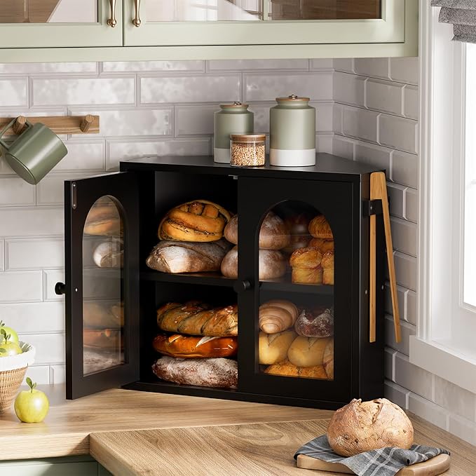 WOWLIVE Corner Bread Box for Kitchen Countertop, 2 Tier Bamboo Bread Storage Container for Homemade Bread with Clear Acrylic Door Panel, Large Bread Bin Farmhouse Breadbox Organizer (Black, Medium)