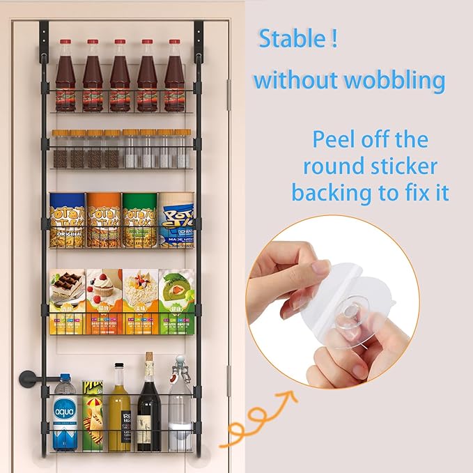 Black Over the Door Pantry Organizer 8 Tier, Adjustable Basket Pantry Door Organizer and Storage, Heavy Duty Metal Kitchen Hanging Spice Rack (D5xW19xH50 Inches)