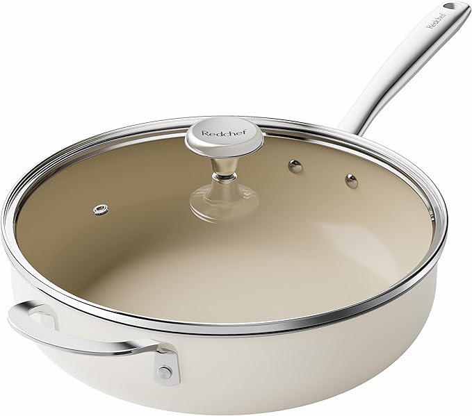 Redchef Ceramic Saute Pan with Lid, Nonstick Deep Frying Pan, 5QT Jumbo Cooker with Helper Handle & Lid, Non Toxic Ceramic Cooking Pan, Chef Pan, Dishwasher & Oven Safe, PFAS PFOA & PTFE Free