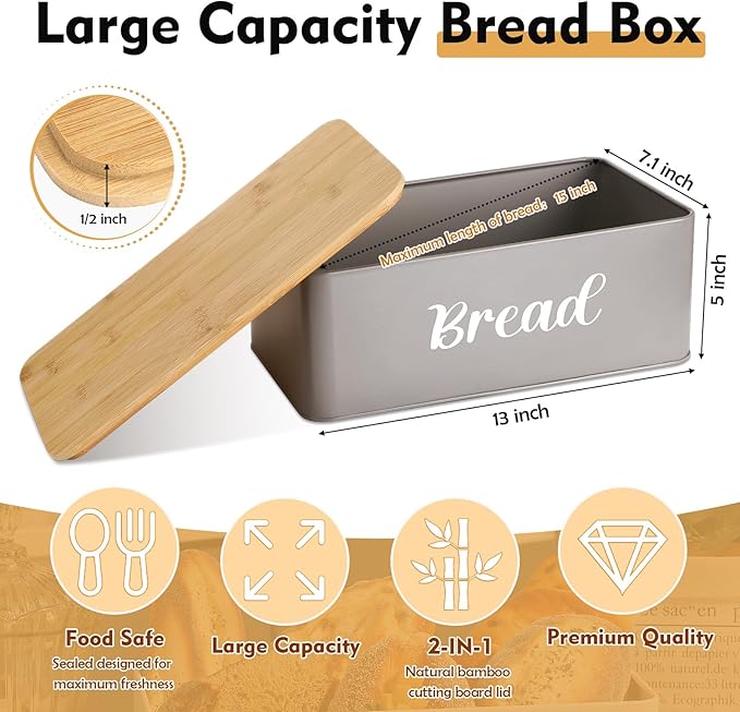Hushee Metal Bread Box and Butter Dish with Bamboo Cutting Board Lid and Knife Bread Storage Container Breadbox for Kitchen Counter Butter Organizer for Kitchen Countertop Decoration(Gray)
