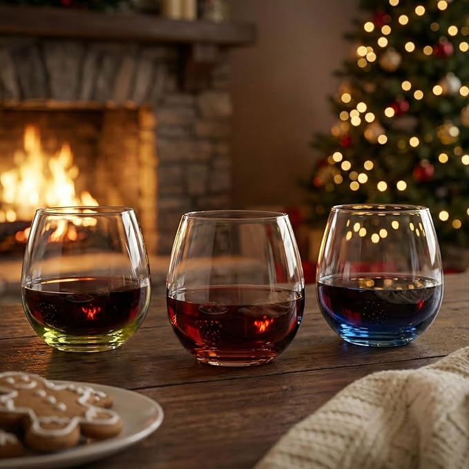 ColoVie Stemless Wine Glasses Set of 6, Large Colored Wine Glasses, Short Wine Glass Set for Red Wine, White, Red, No Stem Margarita Glasses, 15 oz
