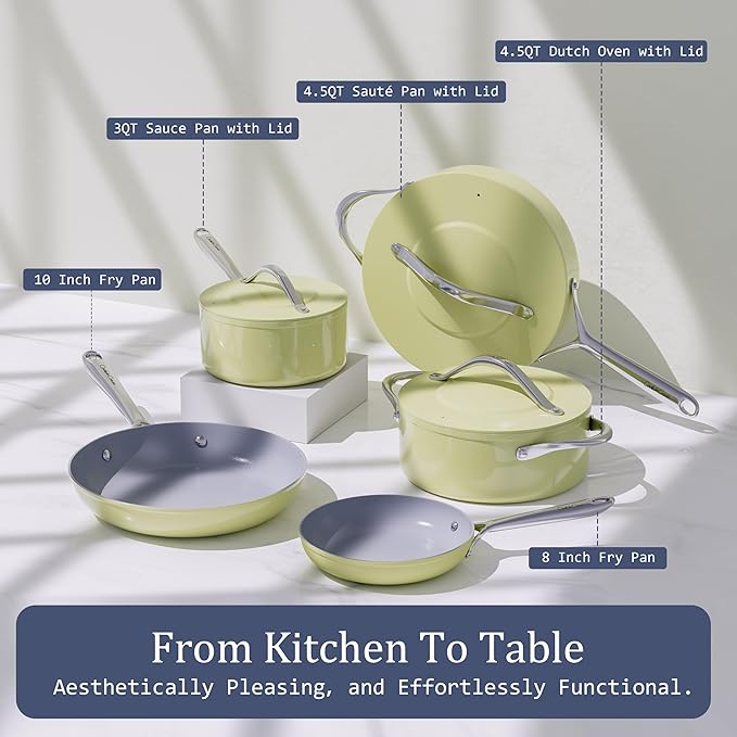 Nonstick Ceramic Frying Pan 10" Non Toxic Cooking Skillet for Eggs Pancakes & Stir Fry Even Heat Distribution PTFE/PFOA/PFAS Free Oven Safe Up to 500°F All Cooktops Compatible, Olive Green