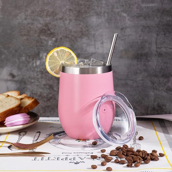 12 oz Insulated Wine Tumbler with Lid and Straw,Stainless Steel Stemless Wine Tumbler Double Wall Vacuum Wine Cups Tumbler Bulk for Coffee,Champaign,Cocktail,Office (Multicolor,8)