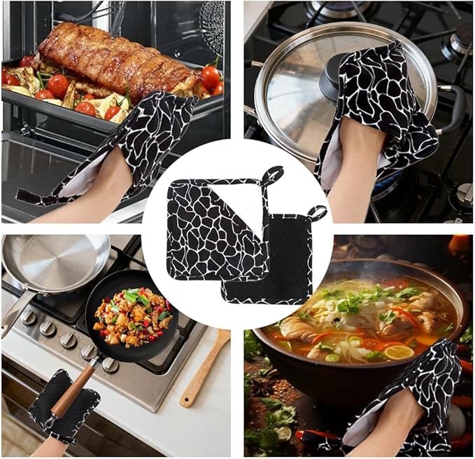 Pot Holders for Kitchen 2 Pack Heat Resistant Hot Pads for Kitchen Counter Decor,Silicone Non-Slip Hot Pad with Soft Cotton Lining Pot Holder Trivets for Kitchens Oven Cooking Baking Pans,Black Stripe