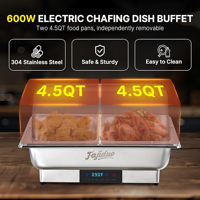 Electric Chafing Dish, 2X4.5QT Buffet Servers and Warmers, Stainless Steel Chaffing Dishes with Temperature Control Display, Commercial Food Warmers for for Parties, Catering, Buffets