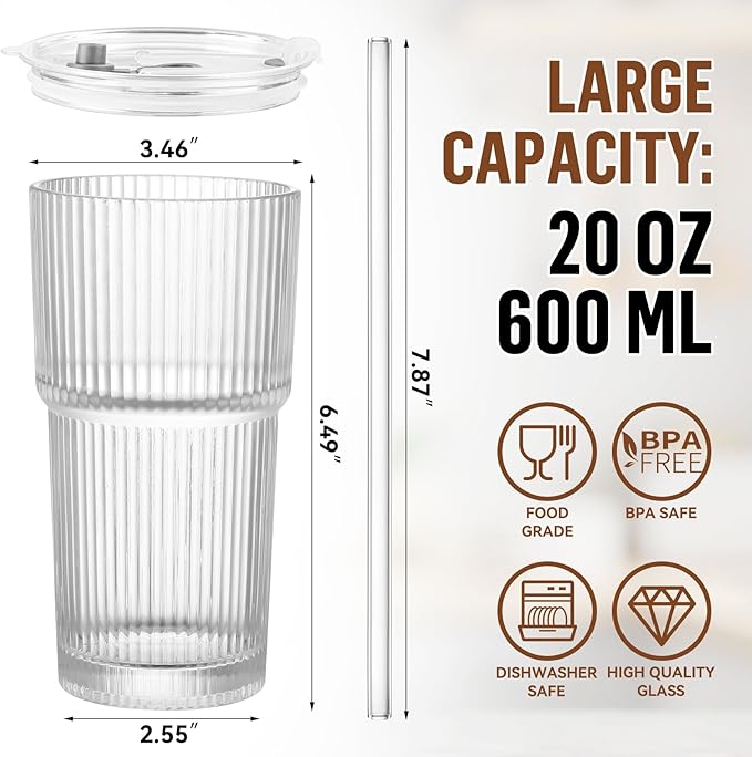 20 oz Glass Cups with Lid and Straw 4 Set, Glass Tumbler with Straw and Lid, Vintage Glassware for Whiskey Cocktail Beer, Iced Coffee Cups with Lid (4 PACK)