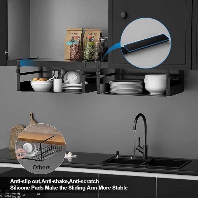 2 Pack Under Shelf Basket Organizers,Adjustable Hanging Under Cabinet Add-on Storage Racks Slide-in Baskets Organizer for Laundry Room Kitchen Pantry Desk Bookshelf, Black