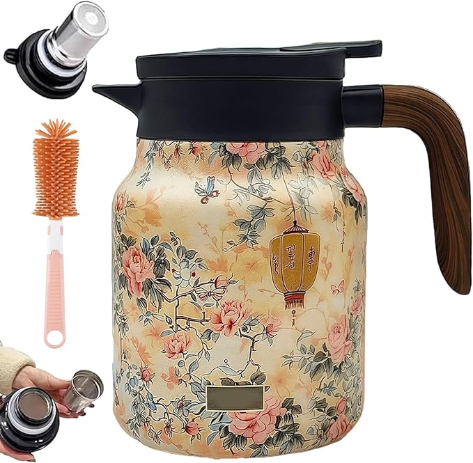 Vintage Floral Pattern Teapot – Built-In Infuser, 800ML/1000ML Heatproof Stainless Steel Teapot with Lid for Hot Drinks (Pink, 800ml-Wooden handle)