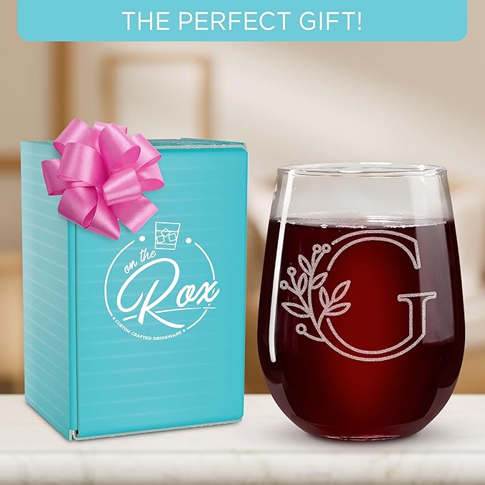 On The Rox Drinks Monogrammed Gifts For Women and Men - Letter A-Z Initial Engraved Monogram Stemless Wine Glass - 17 Oz Personalized Wine Gifts For Women and Men (G)