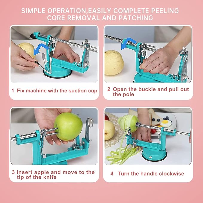 Apple Peeler, Slicer Corer Potato Peelers 3 In 1, Stainless Steel Heavy Duty with Suction Cup Base (Blue)