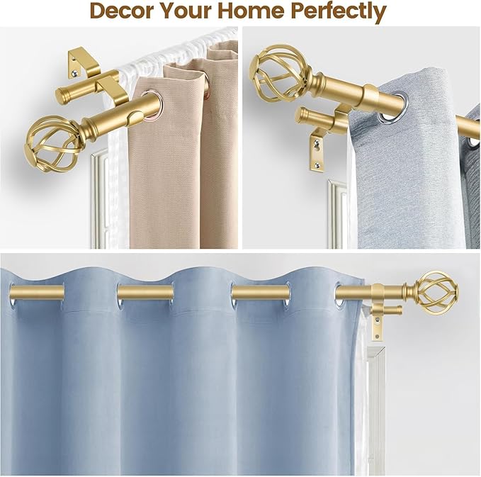 KAMANINA Gold Double Curtain Rod 36 to 72 Inches (3-6 Feet) Window Telescoping Drapery Rods, 1 Inch Heavy Duty Curtain Rods for Windows, Twisted Cage Ends