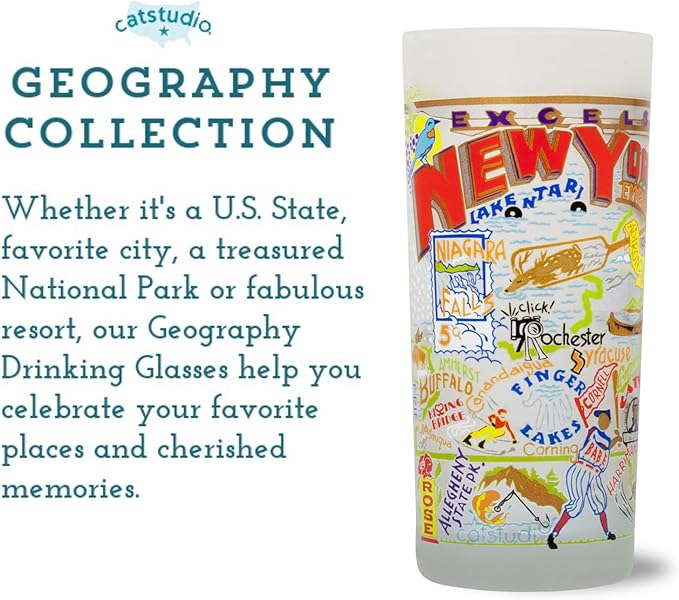 Catstudio Drinking Glass, New York Frosted Glass Cup for Kitchen, Drinking Glasses, 15oz Dishwasher Safe Tumbler for New York Lovers