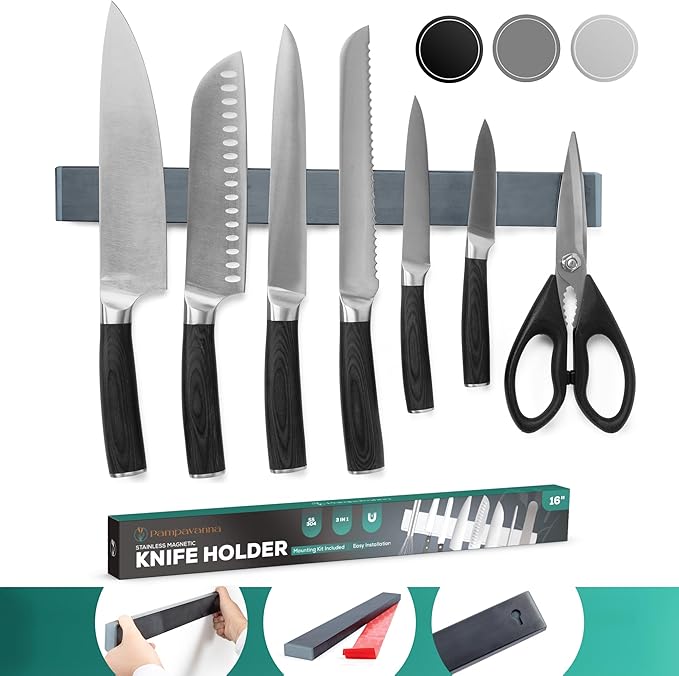 Magnetic Knife Holder 16 Inch Gunmetal – Exclusive Color Stainless Steel Strip, Rack & Bar for Wall or Fridge, No Drill Adhesive Kitchen Organizer, Premium Gift by Pampavanna