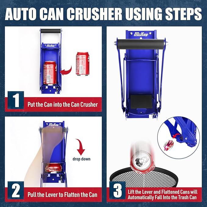 Mckay 16 Oz. and 12 Oz. Metal Can Crusher Auto Recycling, Heavy-Duty Can Crusher Wall Mounted, Can Smasher for Aluminum Seltzer, Soda, Beer Cans and Bottles for Recycling (Auto) Blue