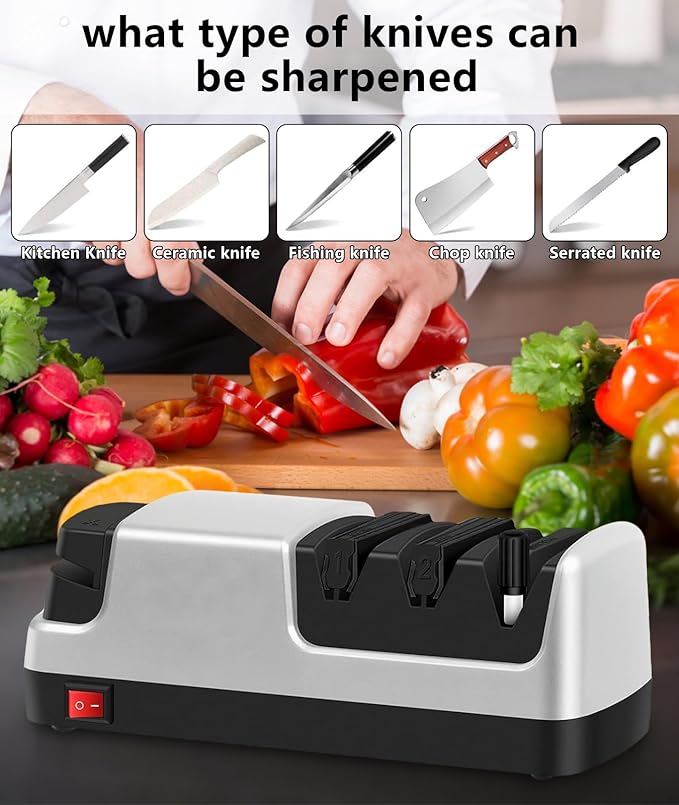 Professional Electric Knife Sharpener – Precision Sharpening for Kitchen Knives, Scissors & More – Diamond Abrasives & 3-Stage System - Silver