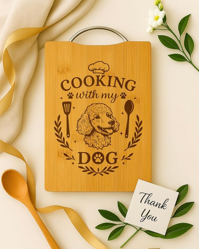 Poodle Bamboo Cutting Board, Personalized Dog Mom Gift, Engraved Kitchen Decor – Cooking with My Dog (Poodle)