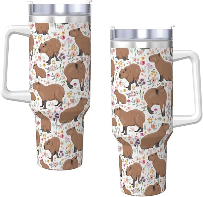Capybara Gifts Capybara Tumbler Water Bottle Cup for Girls, Teens, Women, Men Stainless Steel Vacuum Insulated 40oz Tumbler with Lid and Straw for Water, Iced Tea or Coffee, White