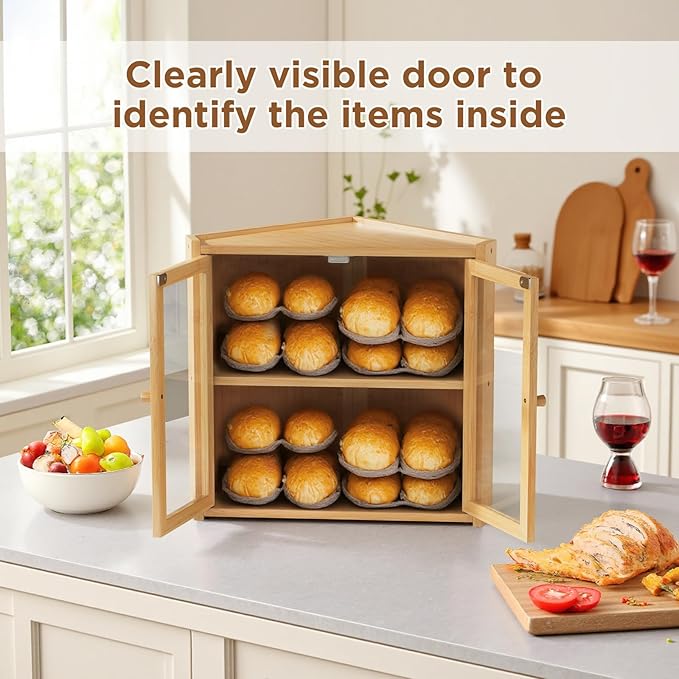 BAMBANG Corner Bread Box for Kitchen Countertop, Double Layer Bamboo Bread Storage Container with 2 Doors, Farmhouse Large Bread Bin, Wooden Breadbox Holder for Homemade Bread, Natural