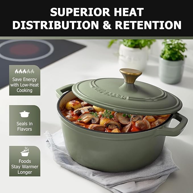 MUELLER HOME 7.5 Quart Enameled Cast Iron Dutch Oven For Sourdough Bread Baking, Heavy-Duty, Oven-Safe up to 500° F & Across All Cooktops, Casserole Dishes, Green Kitchen Accessories, Thyme Green