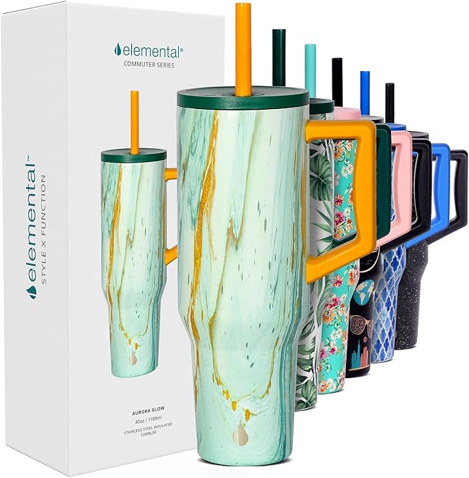 Elemental 40 oz Tumbler with Handle and Straw - Spill Proof Insulated Stainless Steel Commuter for Hot and Cold Beverages - Travel Coffee Mug with 2 Straws & Spill Proof Lid - 40oz - Aurora Glow