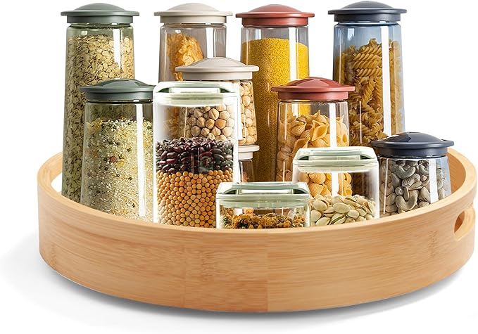 14in Bamboo Lazy Susan Pantry Organizer and Storage for Countertop and Spice Organization for Cabinet Round Rotating Serving Tray Turntable Seasoning Organizer for Kitchen Table Top