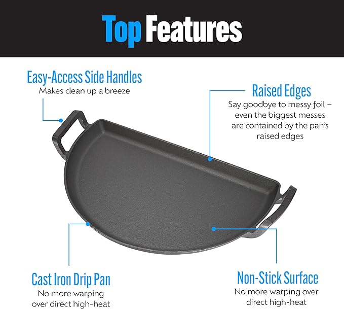 SnS Grills Slow ‘N Sear Cast Iron Drip 'N Griddle Pan 22", 3-in-1 Versatile Grill Accessory for Searing, Griddle and Drippings - Fits Weber & Similar 22” Kettle Grills