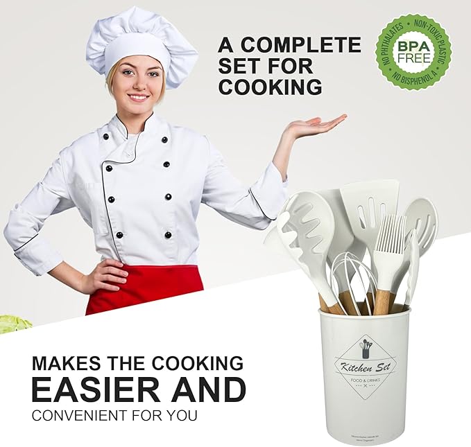 Silicone Cooking Utensils Kitchen Utensil Set - 446°F Heat Resistant Silicone Kitchen Utensils Set, Spatula,Turner Tongs, Spoon, Brush, Whisk,Kitchen Gadgets for Nonstick Cookware, BPA Free (White)