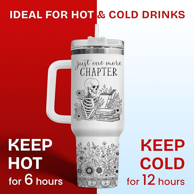 34HD Book Lovers Tumbler 40oz, Funny Skull Book Mug with Handle and Straw, Insulated Coffee Travel Mug for Bookworms, Librarians, and Teachers, Bookworm Gifts for Women
