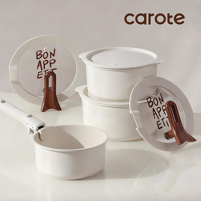 CAROTE Ceramic Sauce Pan Sets with Stand-Up Lid 3QT & 4QT, 10 Piece NonStick Kitchen Cookware Sets with Detachable Handle, Non Toxic Cooking Pot, Oven Safe, Induction Ready, Cream White