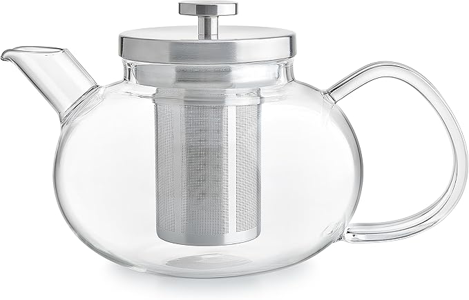 Teabloom Connoisseur Glass Teapot with Stainless Steel Infuser for Loose Tea – 4-Cup Capacity, Stovetop-Safe, Durable Borosilicate Glass, Perfect for Hot and Iced Tea