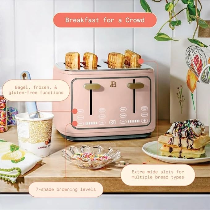 Beautiful 4 Slices Toaster - 7 Shade Settings, Touch Display, Extra-Wide Slots for Bagels, Gluten-Free & Frozen Presets, LED Countdown, Removable Crumb Tray, 1800-watt toasting (Rose)