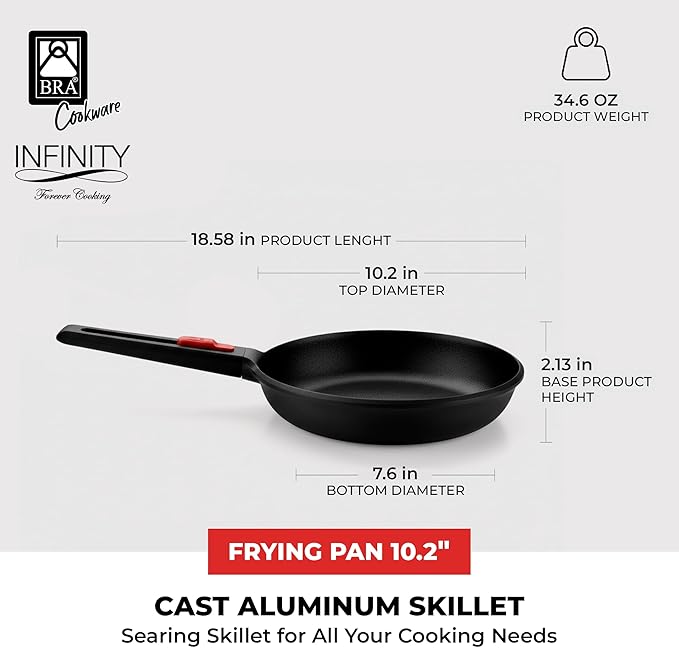 BRA COOKWARE Infinity Nonstick Frying Pan | 10.2-Inch Cast Aluminum Skillet | PFOA/PFAS Free Fry Pan | All Cooktops (incl Induction) Searing Skillet | Oven Safe up to 425°F (w/o Removable Handle)