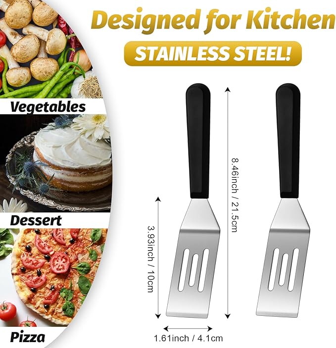 Patelai 5 Pack Small Spatula Mini Serving Brownie Spatula for Serving and Flipping Cooking Pancakes Desserts Cookie Eggs Lasagna (Slotted,Black Handle)