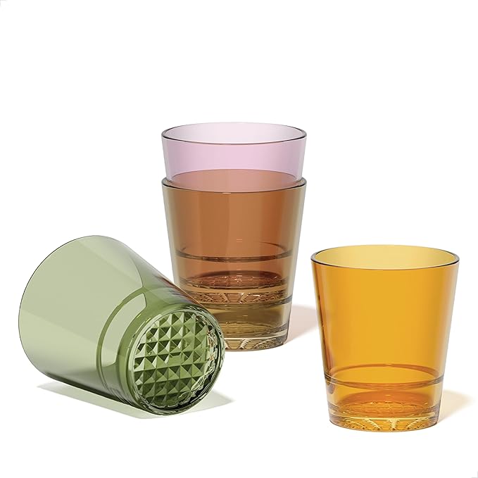 TOSSWARE RESERVE 12oz Stacking Double Old Fashioned - Diamond Base Color Series SET OF 4, Premium Quality, Tritan Dishwasher Safe & Heat Resistant Unbreakable Plastic Whiskey Glasses