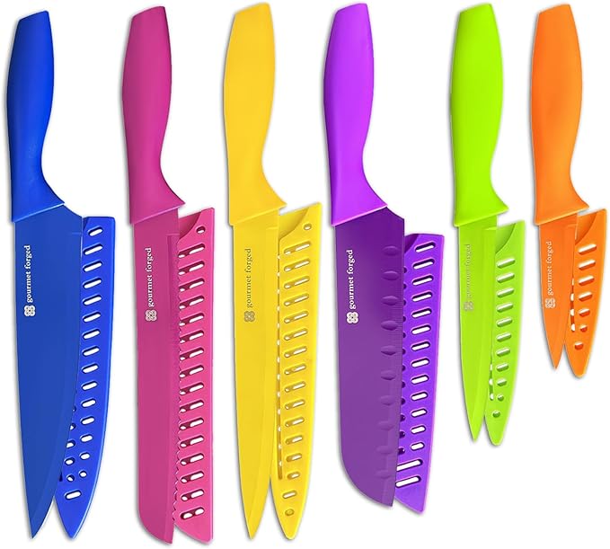 ColorSlice 12 Piece Color-Coded Kitchen Knife set 6 Non Stick Dishwasher Safe Knives w/Blade Guards/Sheaths Sharp Stainless Steel Anti Rust Coated Best Multicolor