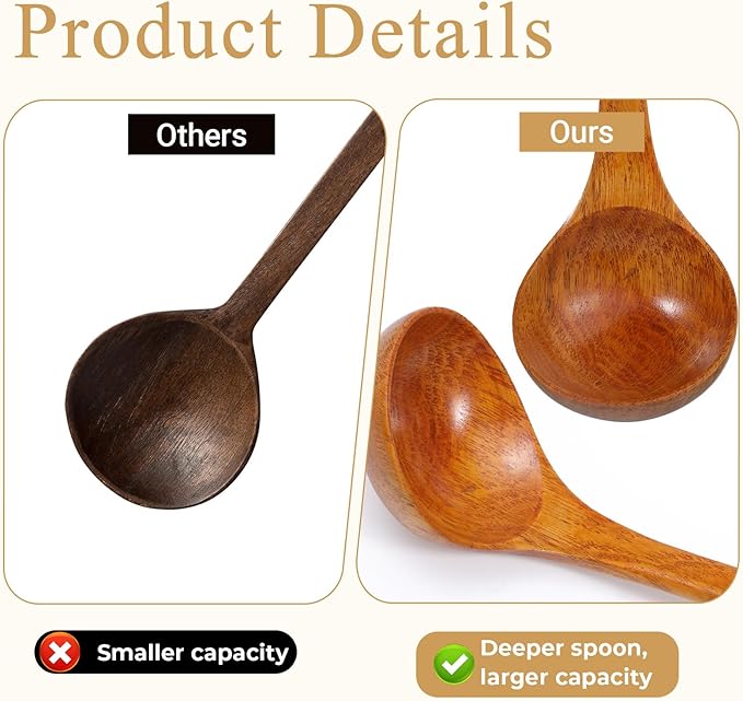 Wooden Ladle, 11" Long Handle Soup Ladle Spoon 3 fl oz Extra Large Kitchen Wooden Scoop Deep Teak Wood Spoon Utensil for Cooking Serving Cookware, Sustainable Natural Texture (Bigger and Deeper)