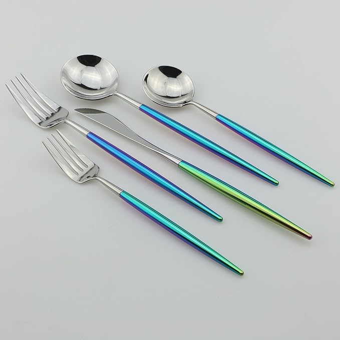 20-Piece Coloful Rainbow Handle Silver Flatware Set, Mirror 18/10 Stainless Steel, Service for 4