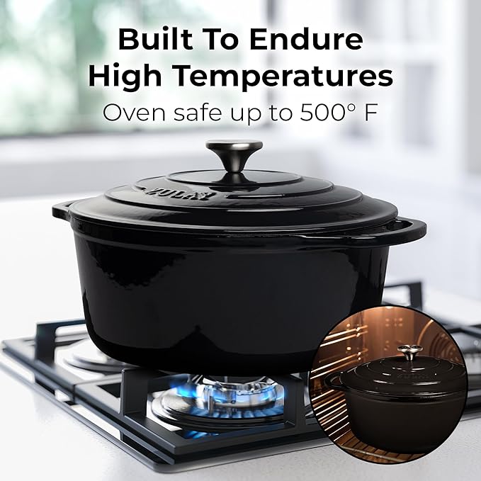 Zulay Kitchen 6 Quart Enameled Cast Iron Dutch Oven Pot with Lid – Premium Durability & Oven Safe up to 500°F – Heavy Duty Cookware Perfect for Bread Baking, Stews, Braising & Roasting – Black
