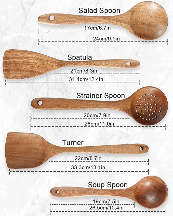 Handcrafted Acacia Wood Kitchen Utensil Set, 5 PCS Natural Brown Cooking Spoons and Slotted Spatulas, Premium Wooden Serving Tools for Kitchen (5Spoon)
