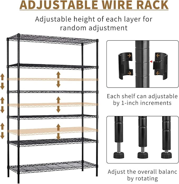 6-Tier Storage Shelves 48" x 18" x 82" Heavy Duty Metal Shelving Unit 2100Lb Capacity Adjustable Storage Racks with Wheels NSF Garage Wire Shelf for Basement Commercial, Black