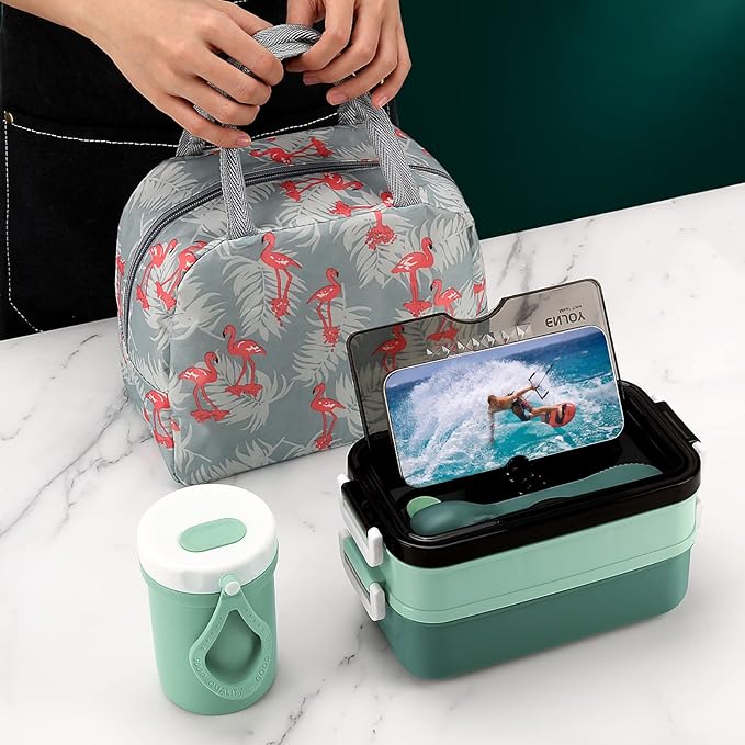 Adult Bento Lunch Box Kit, Bento Boxes Portable Lunch Box, Adult Bento Box with Lunch Bag, Bento Lunch Containers for Women, 1200ml Large Capacity Lunchbox BPA-Free(Green Metal)