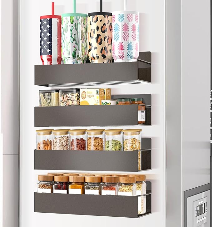 Magnetic Spice Rack for Refrigerator Seasoning Organizer for Spice Fridge Shelf storage Magnetic Shelf with Hook for Oven(4pack-Bronze)