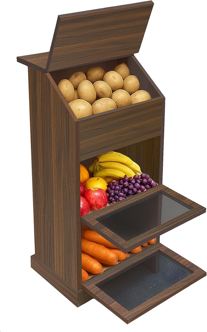 Potato Storage Bin, 3-Tier Potato and Onion Storage Bin with Lid, Wooden Bread Box for Fruit and Vegetable,Food Storage Containers for Kitchen Pantry (Walnut)